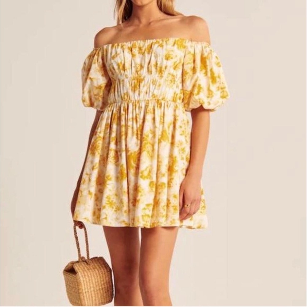 Abercrombie & Fitch Yellow Floral Puff Sleeve Off Shoulder Mini Dress‎ Medium